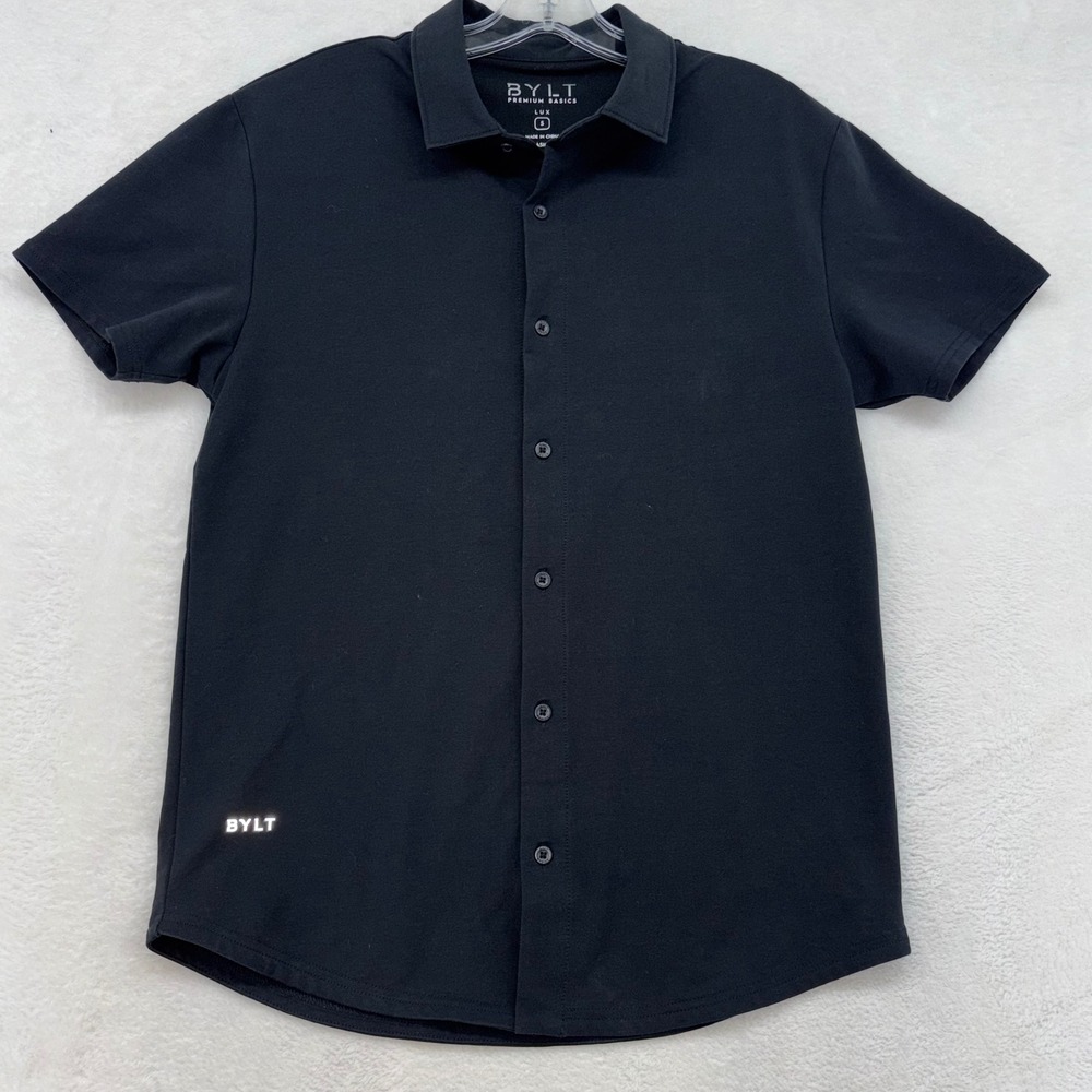 BYLT Premium Basics Lux Short Sleeve Button Down Shirt Black Mens Small S